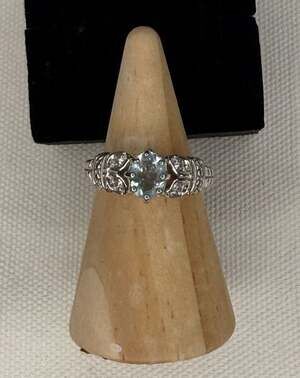 Size 9 RJ 925 Sterling Silver lab Blue Topaz and CZ Accent Ornate Ring